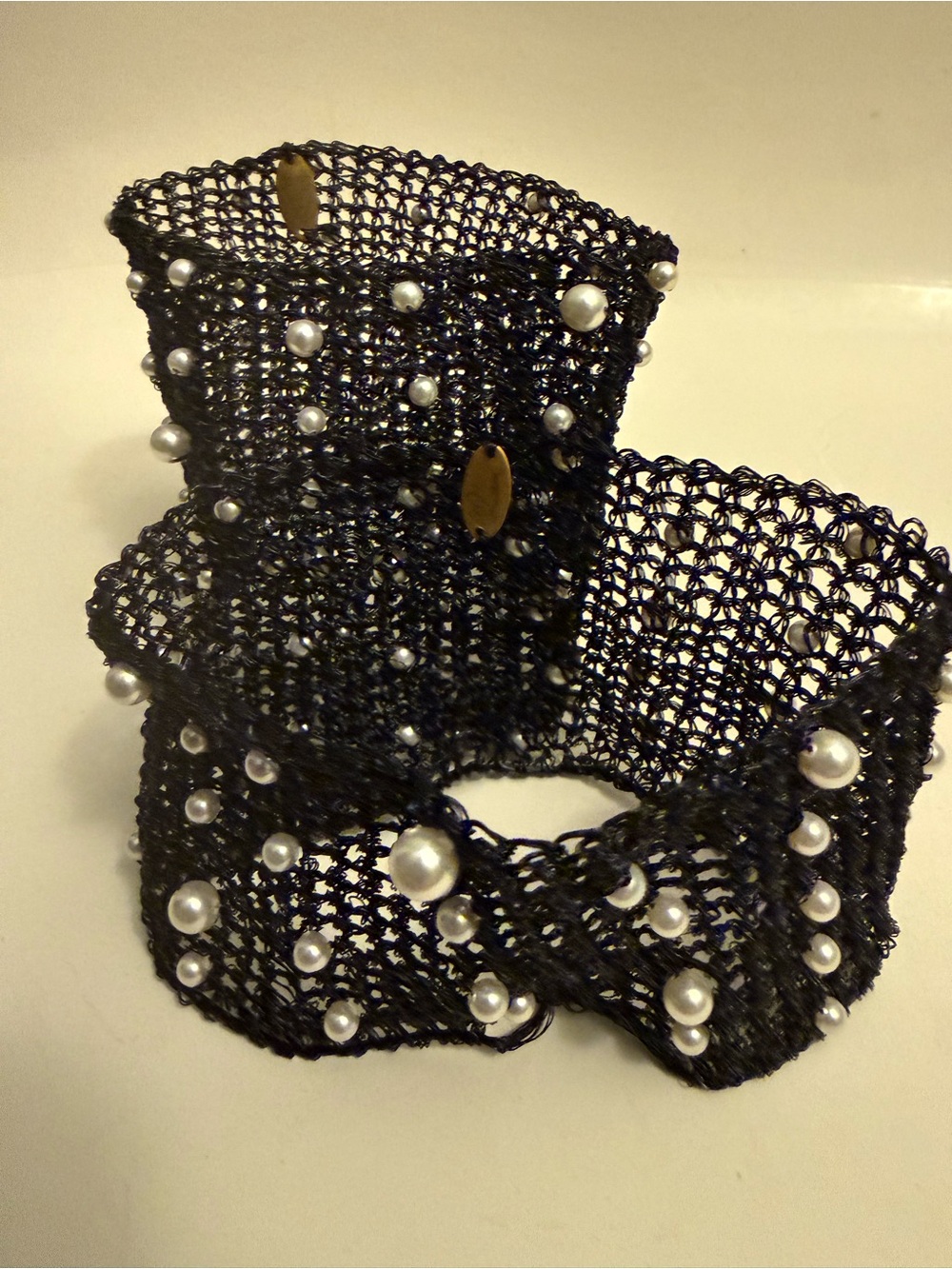 Mindy Lam Couture Black Metal Lace Cuffs w/ Pearls 2” & 3” Wide Signed Tagged